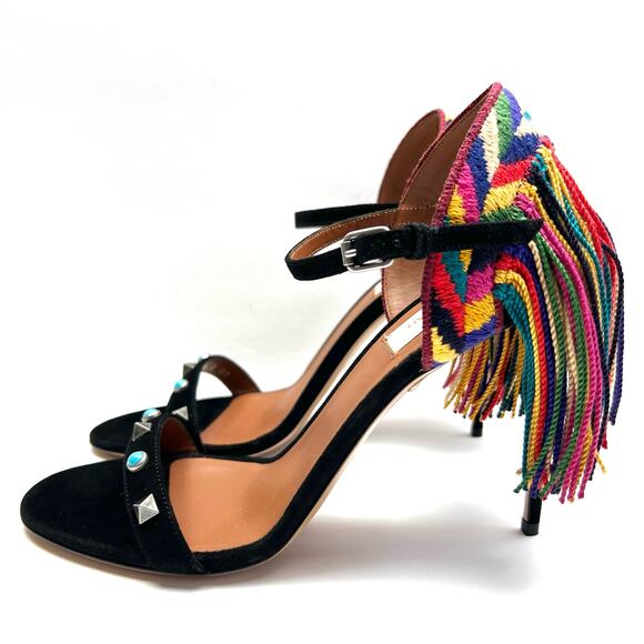 VALENTINO Rockstud Rolling Fringed Suede Ankle Strap Sandals EU 39 US 9 Heels - Picture 3 of 13